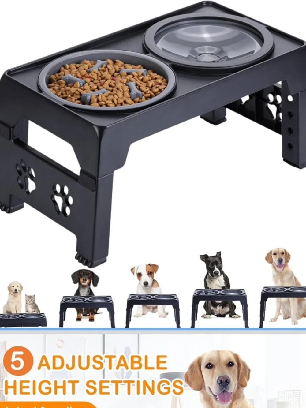 Adjustable Raised Dog Bowl with 2 Stainless Steel Dog Food Bowls slow feed